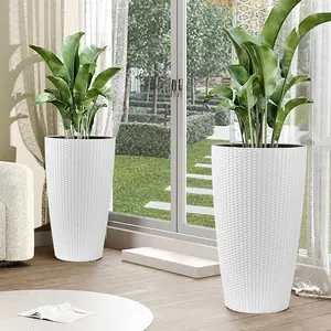 2 Pieces 22 Inch Tall Faux Rattan Planters for Outdoor Plants, Large Self-Watering Flower Pots with Water Level Monitor, Indoor Outdoor Plant Pots for Patio Porch, White