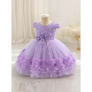 NewBaby'S Elegant Flower Applique Tulle Princess Dress, Puff Sleeve Lace Gown, Toddler Girl'S Clothing For Formal Occasion/Birthday Party/Photography/Banquet