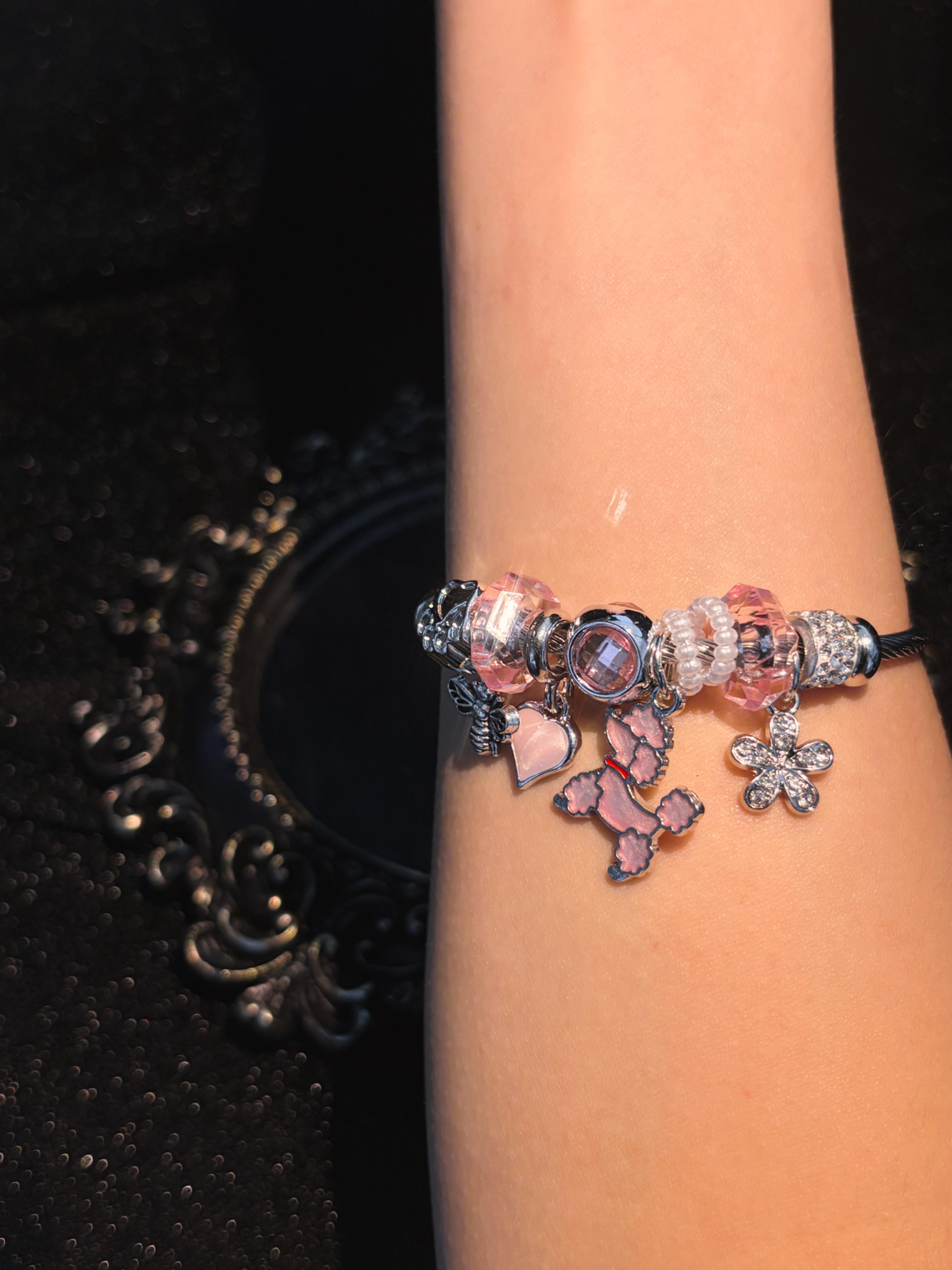 Women's Silver-Tone Open Cuff Bangle Bracelet with Cute Pink Poodle Charm, Heart Flower Crystal Beads, Stackable Sparkly Costume Jewelry Gift