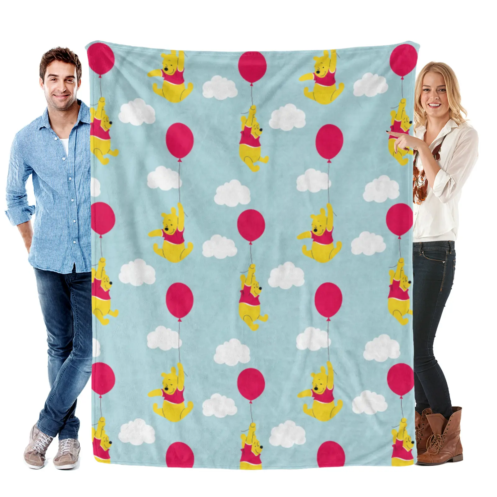 [Summervibes] Disney Light Blue Balloon Pooh Repeat Winnie The Pooh Blanket - Soft Warm Flannel Disney Throw Blanket For Sofa Bed Dorm Couch Cover