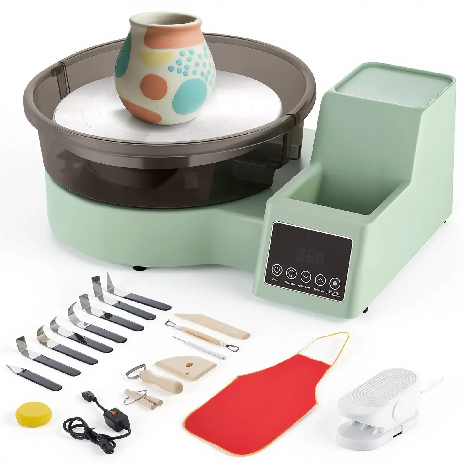 Pottery Wheel for Adults, 11" Aluminum Turntable, 450W Electric Table Top Pottery Wheel with Foot Pedal, 30-300 RPM Adjustable Speed, Detachable Basin, for Beginners, DIY Clay Art Craft, Green