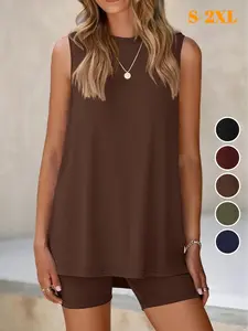 Sleeveless Crewneck Women's 2 Piece Sets Summer Matching Lounge Shorts Set Resort Airport Travel Outfit Split Hem Casual Clothes Basic Fitted Homewear