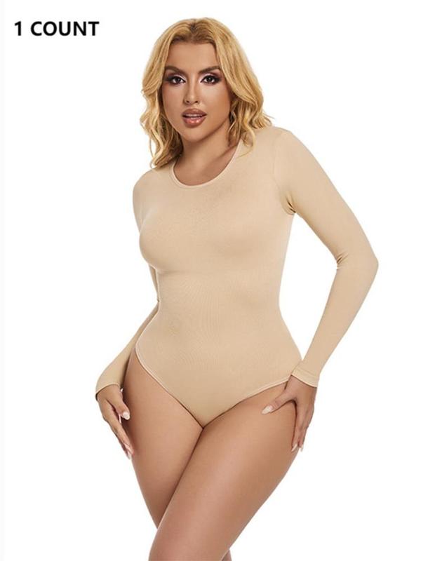 Women's Solid Round Neck Long Sleeve Shapewear Bodysuit, Body Sculpting Compression, Casual Comfy Tummy Control Bodysuit for Daily Wear, Women's Shapewear for All Seasons