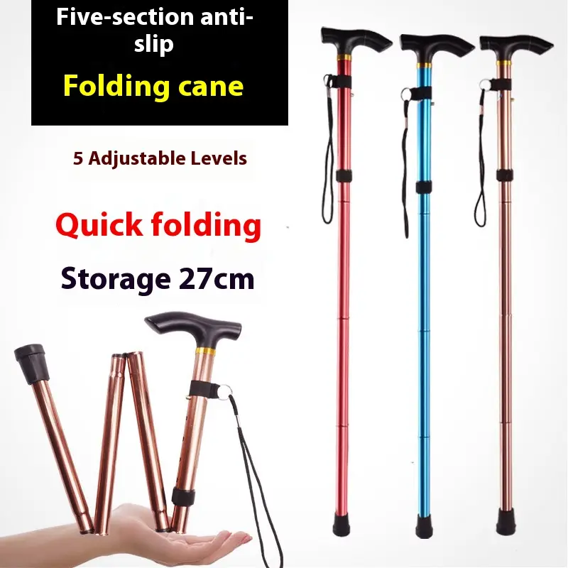Folding Trekking Pole 5-Section Anti-Slip Folding Walking Cane Outdoor folding hiking pole Five-section retractable elderly crutches Tour climbing crutches Walking stick