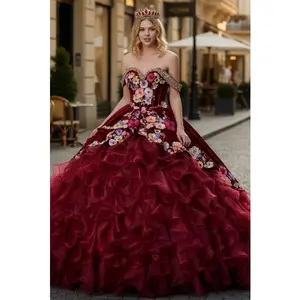Burgundy Charro Quinceanera Dress Off Shoulder Ruffled Ball Gown by Elizabeth K GL3638