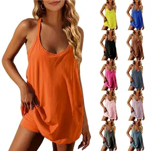 Women's Athletic Sleeveless Mini Dress with Built-in Shorts Summer V Neck Spaghetti Strap Short Spring Tennis Dress with Pockets