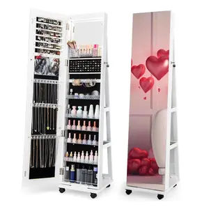 COSTWAY Jewelry Cabinet with Wheels, 64" H Full Length Mirror, 3-Color LED Lights, Height Adjustable Shelves, Lockable Standing Jewelry Organizer Armoire with Back Storage Shelves -costst