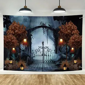 Horror Themed Backdrop, 1 Count Scary Graveyard Door Design Photo Background, Wall Decoration for Home Party Festival, House Decor, Halloween, Wall Hanging Backdrop