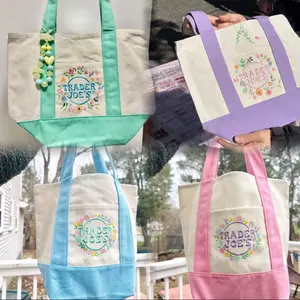 Trader Joe's Floral Breeze Custom Trader Joes Mini Tote - Colorful Canvas Bag with Embroidered Design