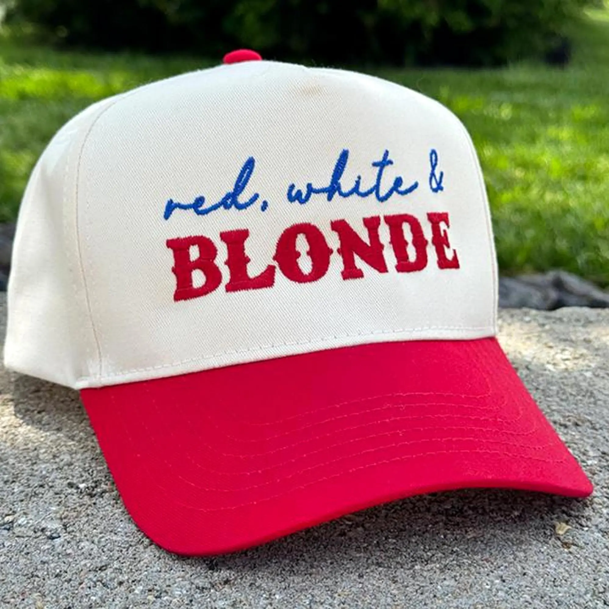 4th of July Embroidered Canvas Trucker Hat  Red White  Blonde