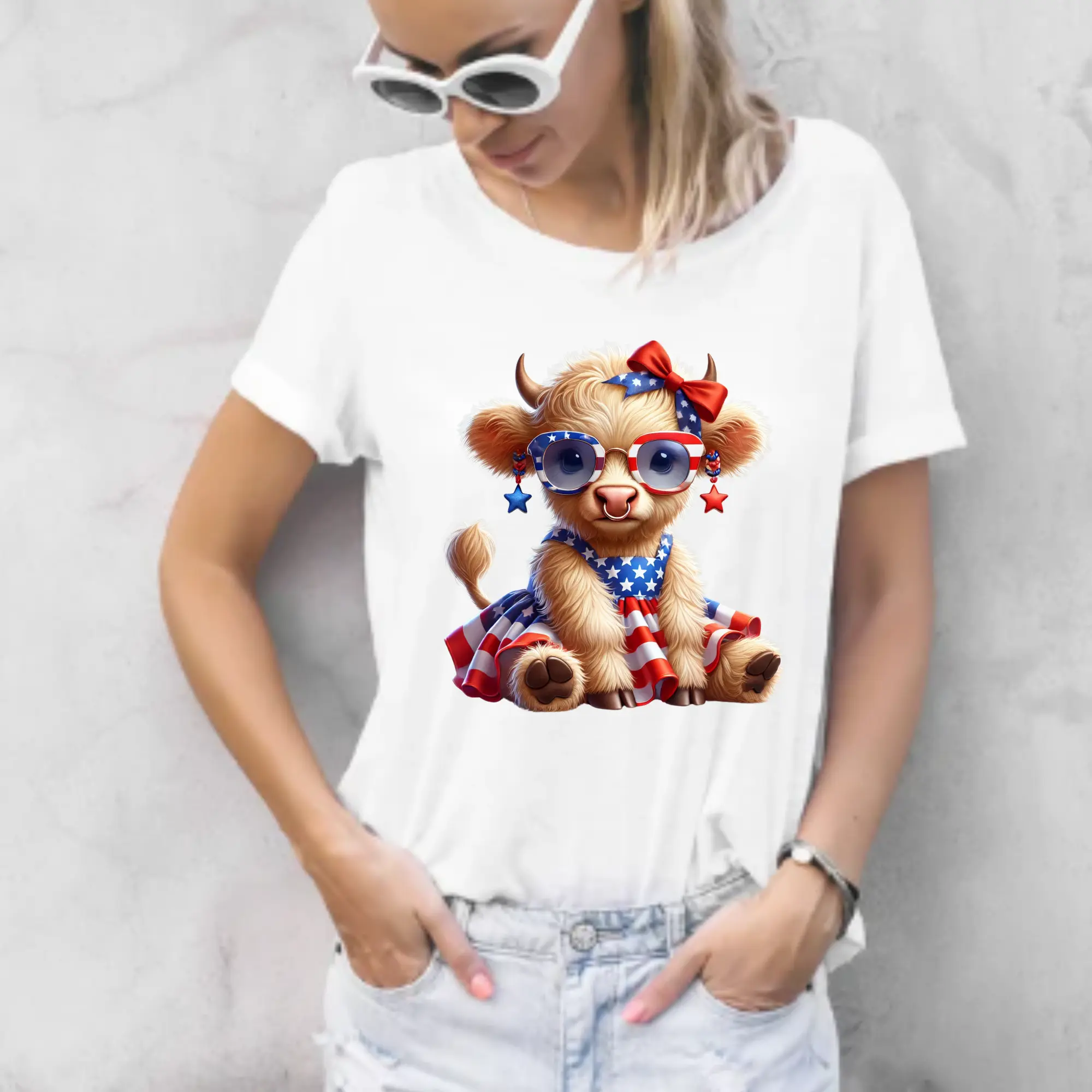 Custom Fun Patriotic Highland Baby Cow DTF Prints - 1-5 Count Ready-to-Press Direct-to-Film Prints for T-Shirts, DIY Craft Supplies (DIY Printmaking & Embossing Accessories)