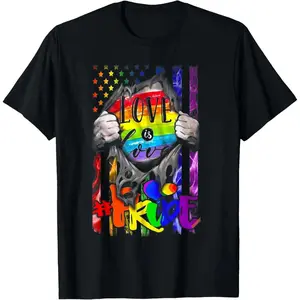 100% Cotton LGBT Love Is Love Pride Flag American Rainbow Gay Pride T-Shirt Round Neck Short Sleeve T-Shirt Women's Men Graphic Tee