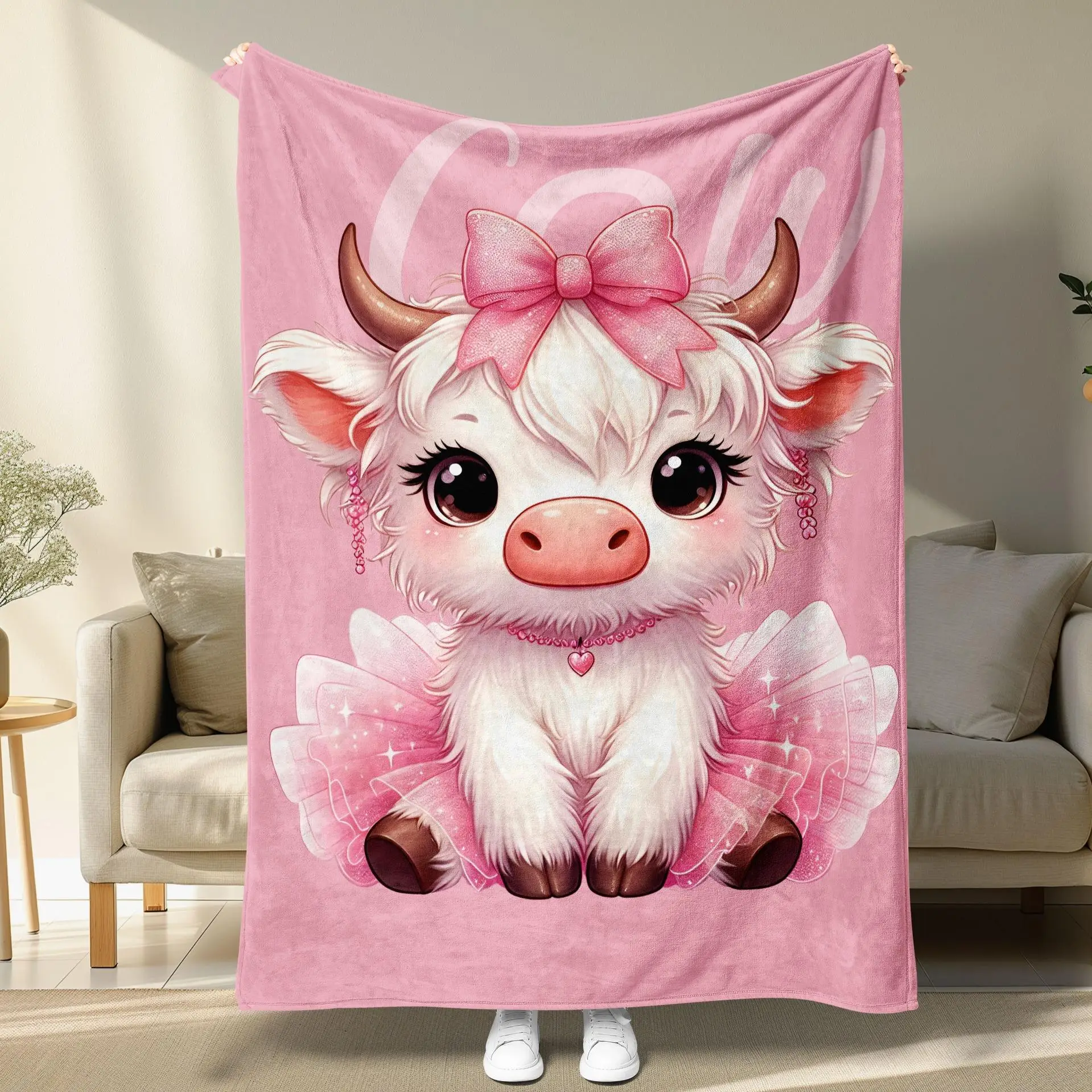 Cute Cartoon Cow Pattern Flannel Blanket, Soft Warm Kids Blanket for Sofa Camping Travel Holiday Home Decor Gift for Children
