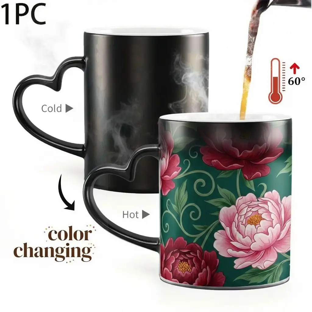 1pc Magical Color Changing Mug with Sunflower Print Design - Heart-Shaped Handle, Gift for Holidays, Floral Gift Mug, Coffee Mug, Funny Mug, 11oz/325ml
