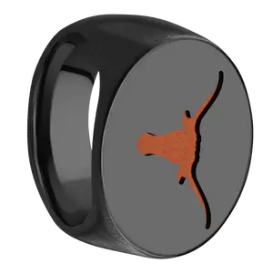 Extra Large Horizontal Oval signet ring (24x20mm) in Zirconium, with a Wide style band and a Texas Longhorn engraving.