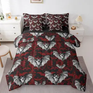 Gothic Bat Comforter Set with Sheets 7 Pieces Kids Damask Pattern Bedding Set for Boys Girls Goth Horror Red Vintage Floral Bed in a Bag Room Decor