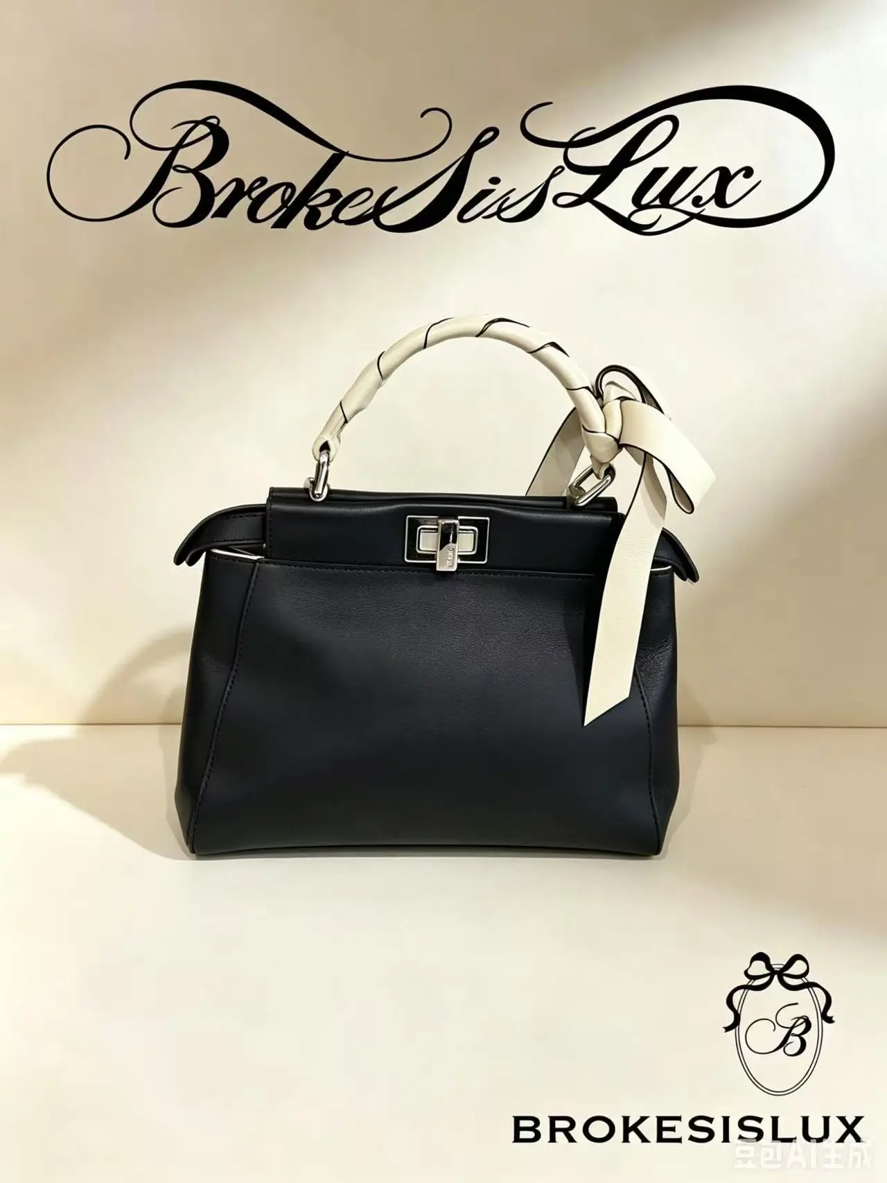 Pre-owned FENDI Peekaboo Medium Black Calf Leather Bag Silver Twist Lock, Fixed Braided White Leather Top Handle, Ribbon Bow, Additional Strap (Ideal for Dinner Dates), Formal Events