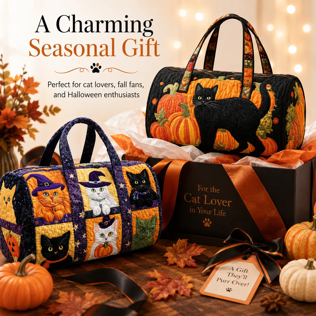 Halloween Cat Pumpkin Quilted Weekender Bag - 2 Styles, Unisex, 21 in Large Size Quilted Fabric Travel Bag, Lightweight Bohemian Witch Cat Overnight Fit Carry On Duffle Luggage, Boho Holiday Handbag