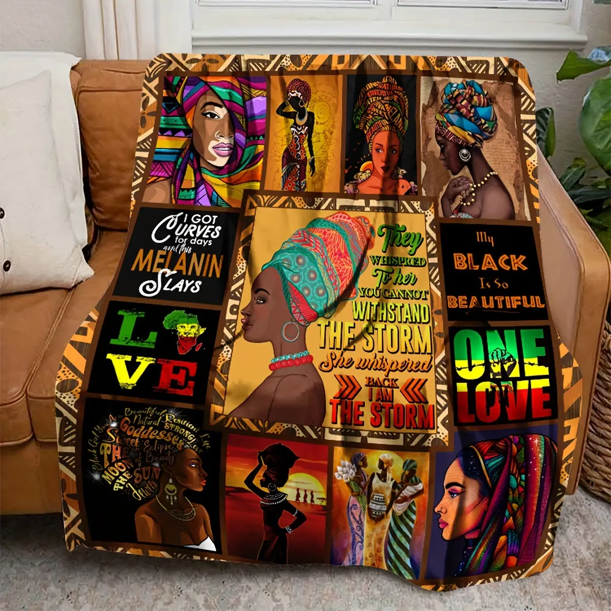 280GSM Polyester Flannel Fleece Blanket - African-Inspired Afrocentric Art Graphic All-Season Blanket, Cozy Vintage Retro African American Women’s Empowerment Print, Warm Fade-Resistant, for Sofa Bed, Ideal Gift for Women, African-Inspired Blankets, Afroc