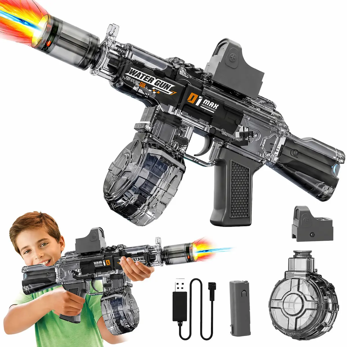 Electric Water Gun Automatic Continuous Spray Water Blaster with LED Light Long Range Summer Outdoor Toy for Kids and Adults