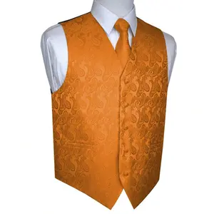 Sizes XS To 6XL Men's 3-Piece Tuxedo Vest Set – Jacquard Waistcoat With Paisley Floral Pattern With Tie And Pocket Square For Wedding, Prom, Formal Events