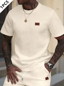 Men's tops, casual textured fabric short-sleeved T-shirt white, ribbed round neck tops, summer solid color versatile fashion men's wear