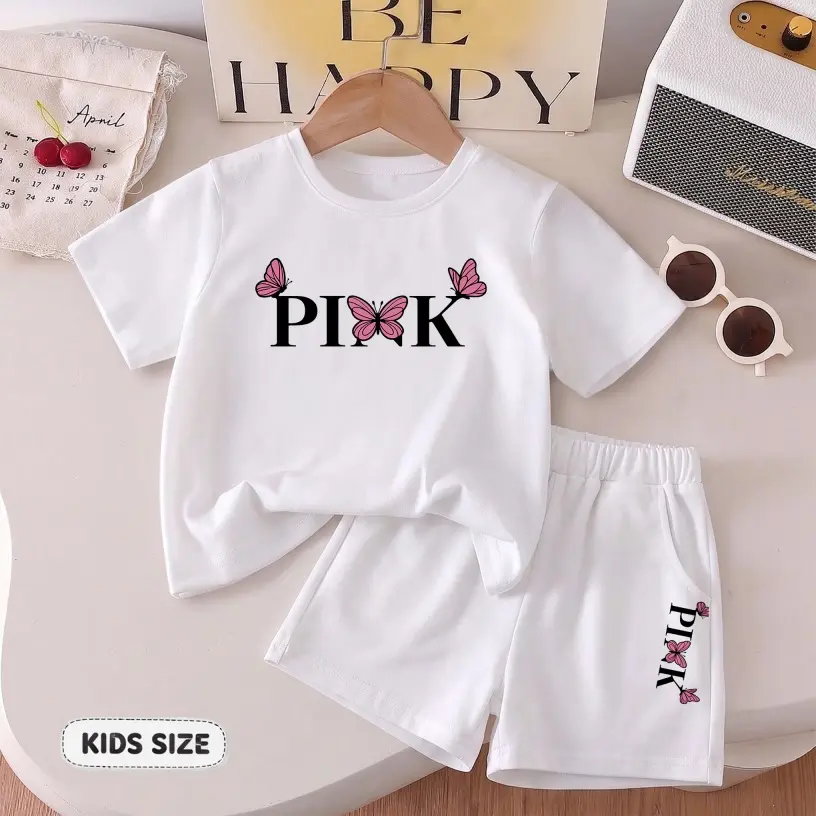 Girls’ Pink Butterfly Printed Design Short Sleeve T-Shirt And Shorts Set, Casual Kids Summer Outfit, Comfortable Crew Neck Clothing Set For Daily Wear And Outdoor Play