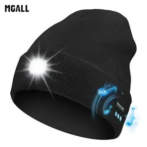MGALL Bluetooth Beanie with LED Headlight and Removable Speakers, USB Rechargeable Knit warm winter Hat balaclava Hat for Music and Calling, sport,outdoor
