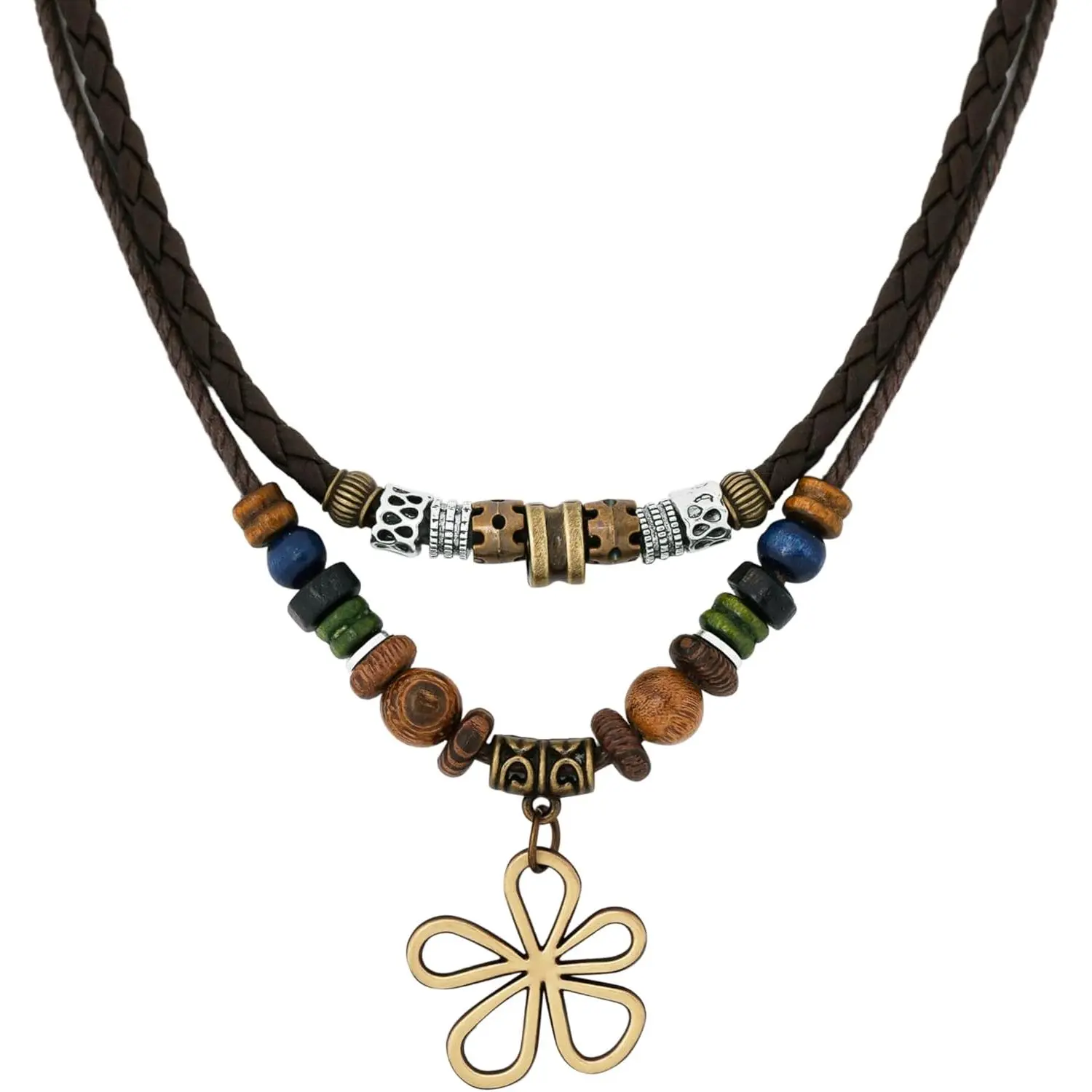 Ethnic Boho Colorful Wooden Bead Multi-Layered Braided Rope Necklace, Women's Jewelry