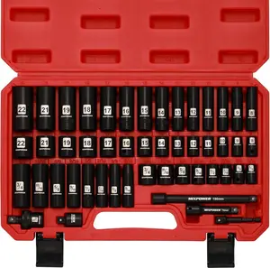 MIXPOWER 3/8" Drive Deep Impact Socket Set, 6 Point, 49 Piece Standard SAE and Metric Sizes-5/16-Inch to 3/4-Inch and 8-22 mm, 3/8'' impact universal joint, Cr-V Steel Mechanic Socket Set