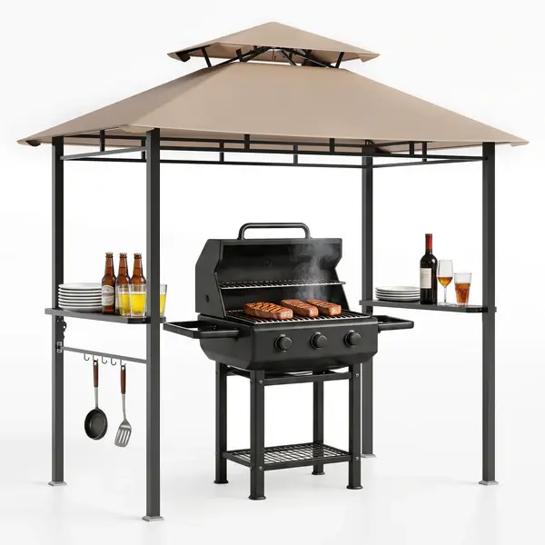 [FLASH SALE] Garvee 8' x 5' Double-Tier Grill Gazebo, Waterproof BBQ Canopy Shelter with Vented Roof, 2 Side Shelves, 5 Hooks, Bottle Opener & UPF 100 UV Protection, Heavy-Duty Outdoor Patio Pavilion, Khaki