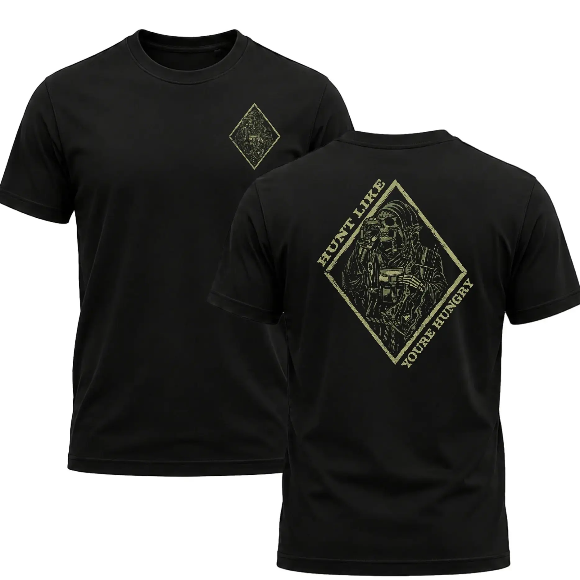Mathews "Hunt Like You're Hungry" Men's Shirt, Hunting T-shirt, Crew Bowhunting Shirt, Deer Skull Archery Tee, Archery Tactical Gear, Unisex Short Sleeve Casual 100%, Outdoor Gift For Men, Made In USA.