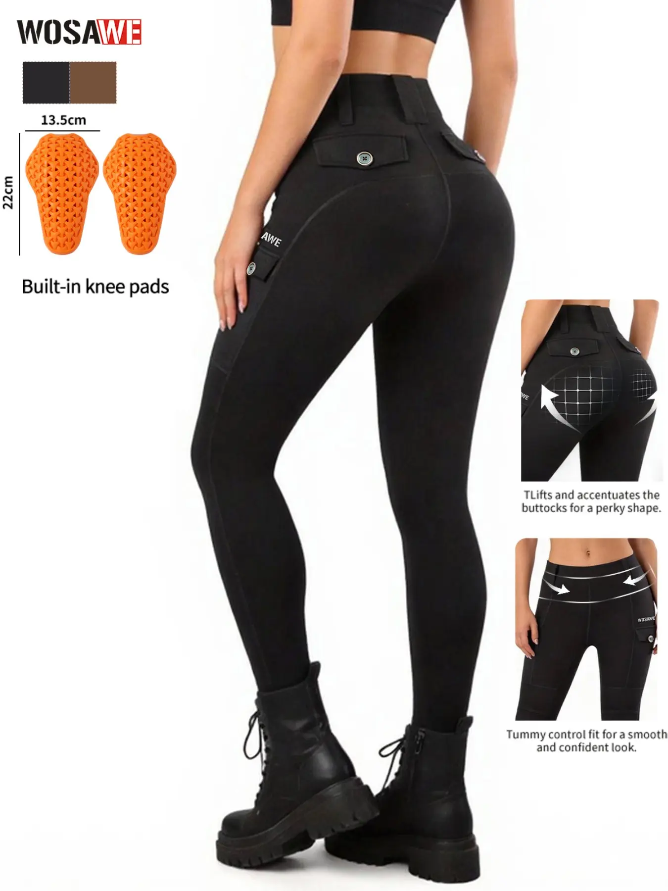 WOSAWE Women's Motorcycle Yoga High Stretch High Waist Biker Leggings with Removable Knee Pads Butt Lifting Cargo Pants with High Waisted Pocket