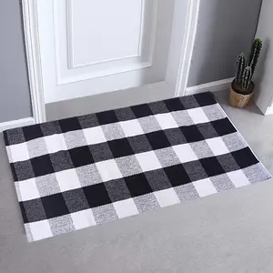 Outdoor Rug Cotton Rug Buffalo Checkered Plaid Area Rug By Mat for Entry Way Washable Doormat Bedroom Carpet Welcome Mat(24 "x 51", Black and White Plaid Rug)