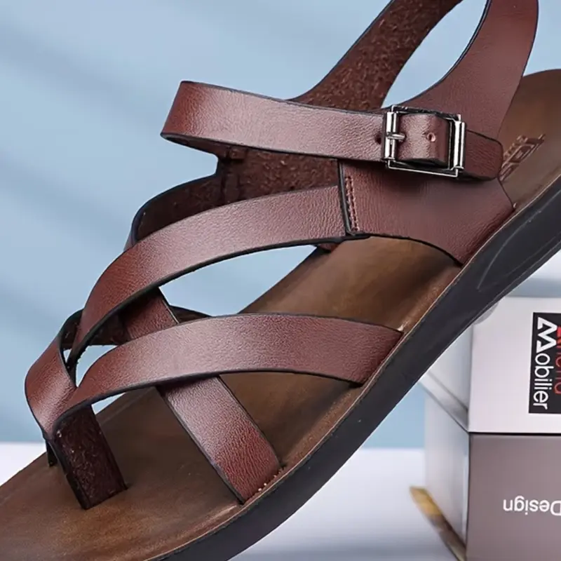 Men's Casual Fashion Summer Sandals, Stylish Summer Footwear, PU Leather Strappy Sandals, Round Toe, Solid Color, Medium Width, Buckle Sandals