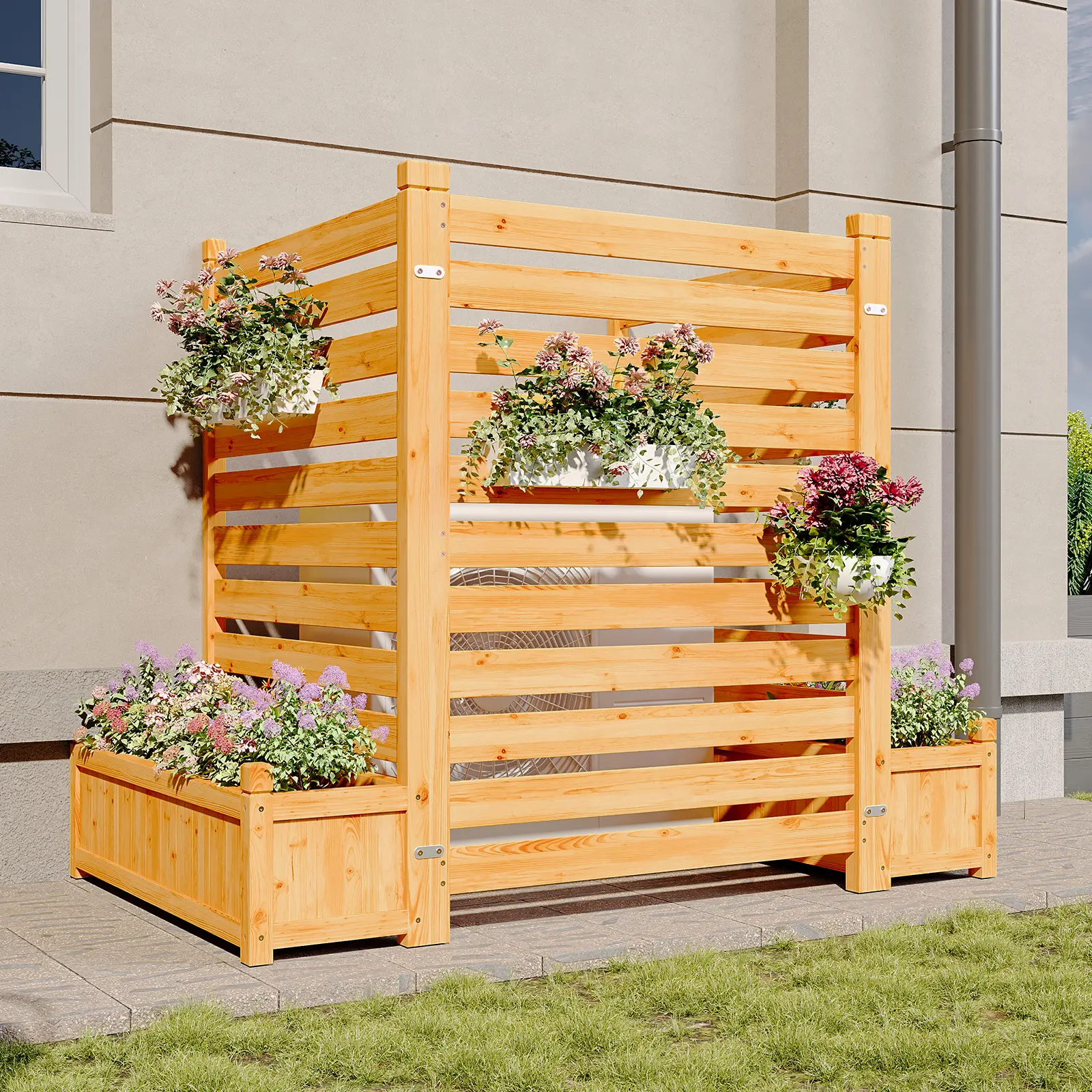 Aoxun Air Conditioner Fence, 3-Panel Outdoor Wood Privacy Screen with Planter Box, 34" W x 45" H Privacy Fence for Air Conditioner, Trash Can, Pool, Patio & Backyard Decor No-Dig Kit, Outdoor Decor, Patio Decor Privacy