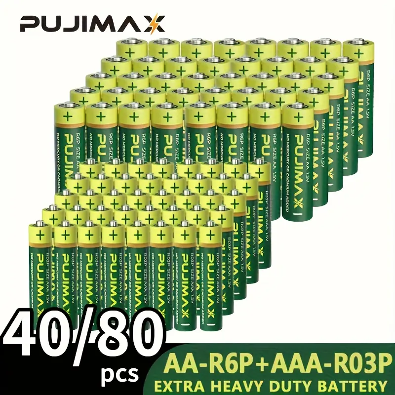 PUJIMAX 80/40 AA & AAA 1.5V Carbon-Zinc Disposable Battery Set, Non-Rechargeable Replacement Batteries for Alarm Clocks, Cameras, Flashlights & Razors