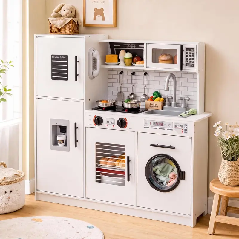 【Black Friday】Arlopu Gift Wooden Chef Pretend Toy Play Kitchen w/Washing Machine, Water Dispenser, Stove, Real Sound & Light, Telephone, Range Hood, Oven, Sink,