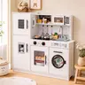 【Black Friday】Arlopu Gift Wooden Chef Pretend Toy  Play Kitchen w/Washing Machine, Water Dispenser, Stove, Real Sound & Light, Telephone, Range Hood, Oven, Sink,