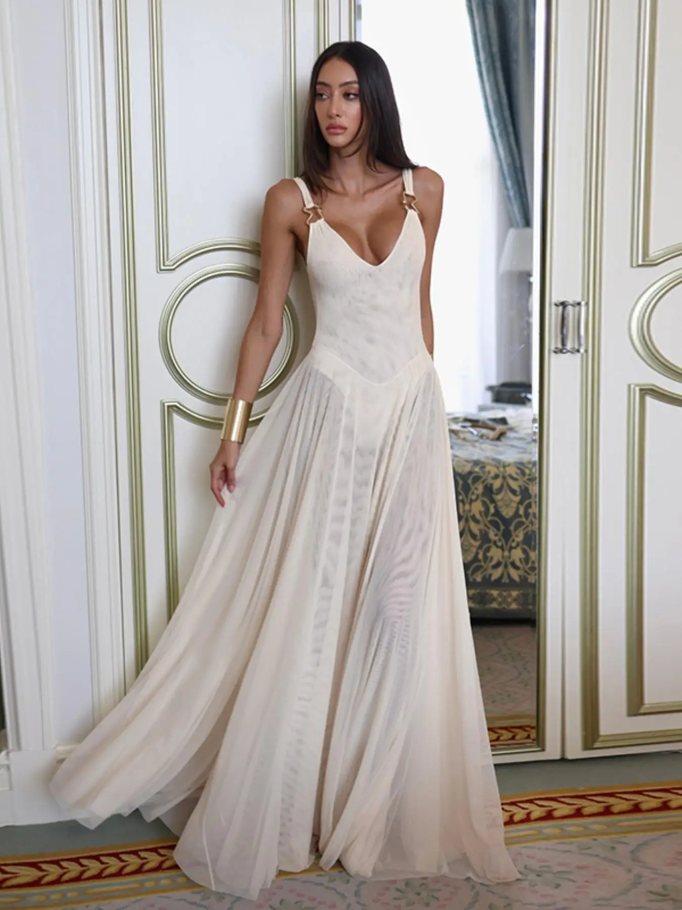 Women's Plain Deep V Neck Tulle Cami Dress, Elegant Sleeveless Maxi Dress for Party Holiday Wedding Guest, Ladies Summer Clothes, Brunch Dresses