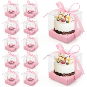 12 Pack Clear Plastic Cupcake Boxes, 3.5 Inch Gold Single Cupcake Containers Disposable Individual Cup Cake Carrier Holder Boxes with Inserts and Ribbon