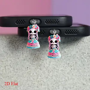 Halloween 2D Flat Acrylic Skull Flower Witch Phone Dust Plug, Creative Decorative Charging Port Cover for Type-C iPhone Android iPad AirPods Phone Decoration