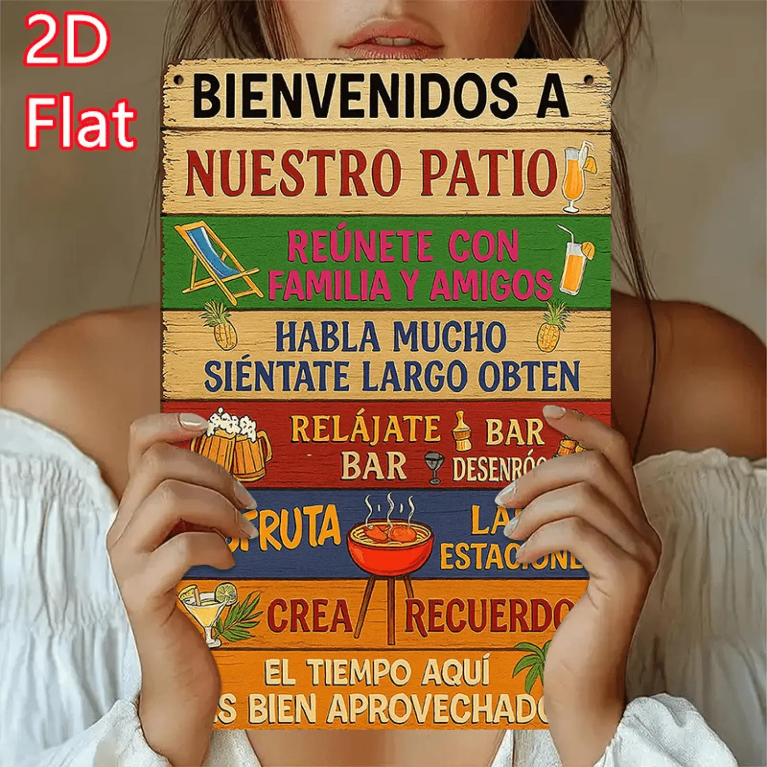 Vintage Spanish Welcome Sign Retro Metal Wall Art Nuestro Patio Colorful Traditional Style Decor