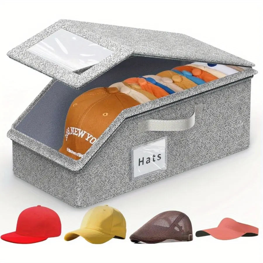 Stackable Trapezoid Metal Dustproof Window Hat Storage Box - Durable Modern Home Organizer Hat Bin, 17x8.7x6.7" Multifunctional Collapsible Holder (Up to 12 Baseball Caps) for Men's Accessories, Closet Storage, Classic Gift