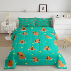 Feelyou Queen Bedding Set - Cute Animal Mouse Cartoon Pattern Blanket, Breathable Soft Luxury Microfiber Quilted Duvet Insert, Teal Kawaii Quilt, Capybara Room Decor Gift, Animals