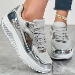 Women'S Glamorous Golden Chrome Sneakers - All-Season Low-Top Lace-Up Casual Sports Shoes with Rhinestone Accents, Superfine Fiber & Mesh Upper, MD Sole, TPU Insole, Hand Washable - Fashionable Footwear | Glamorous Style | Glossy Finish Shoe