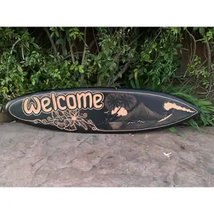 Welcome Sign Surfboard, surfer, tropical island, dolphin Wood Carving Wall Plaque 39"x 10"