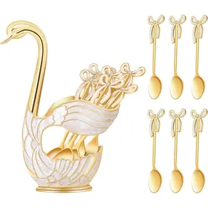Decorative Table Swan Dessert Spoons Organizer with 6pcs Coffee Spoon Set, Elegant Gold Dessert Spoons, Premium Zinc Alloy Spoon Holder