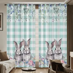 Grid Easter Blackout Curtains for Living Room, 84 Inch Length Easter Colorful Eggs and Cute Bunny Printed Pattern Spring Decor Sunshade Drapes Grommet Top Drapes Decorations for Bedroom Dining Room -2panels