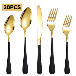 20-Piece Black & Gold Silverware Set – Stainless Steel Colorful Handle Flatware Set, Service for 4, Modern Cutlery Set Includes Dinner Knives, Forks, Spoons, Teaspoons – Mirror Polished, Dishwasher Safe, Elegant Gift for Home Kitchen